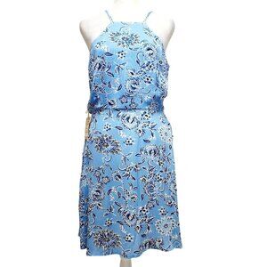 Blue Floral Halter Neck Sleeveless Midi Dress With Lace-Up Back Size M